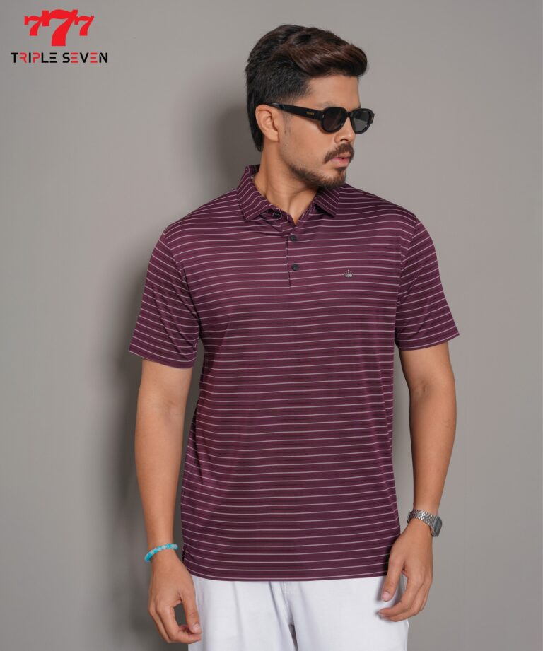 Triple Seven Men's Burgundy Striped Polo Shirt