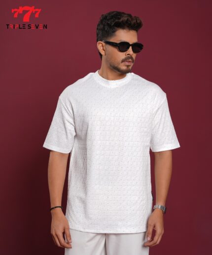 White Embossed Pattern T-Shirt – Modern Texture